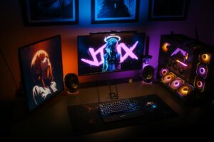 Modern gaming computer setup with multiple monitors displaying game interface