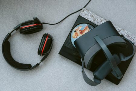 Modern VR gaming headset on desk representing PlayStation VR2 technology