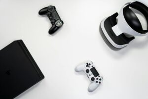 PlayStation gaming console on entertainment center showing digital interface