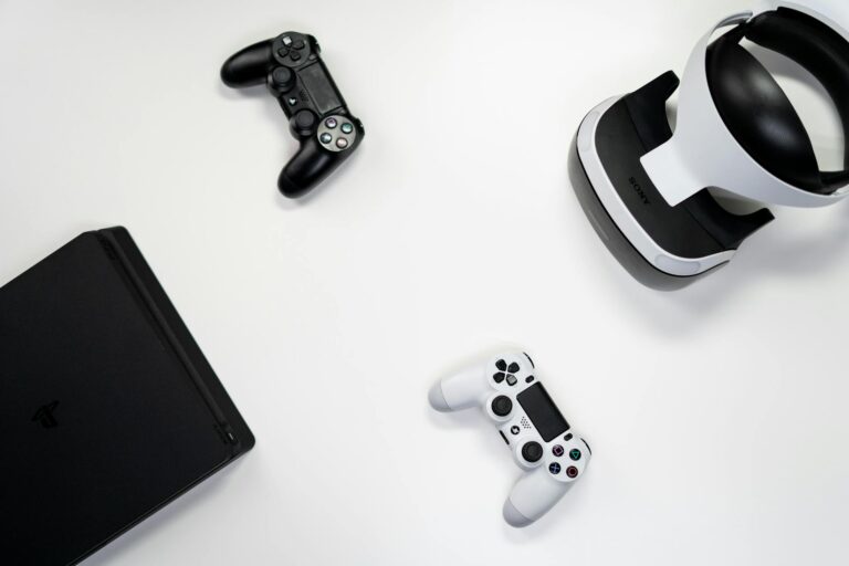 PlayStation gaming console on entertainment center showing digital interface