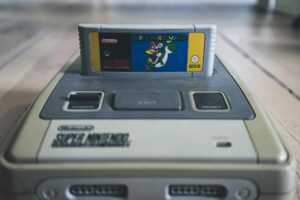 Close-up view of video game cartridges showing the compact physical media format