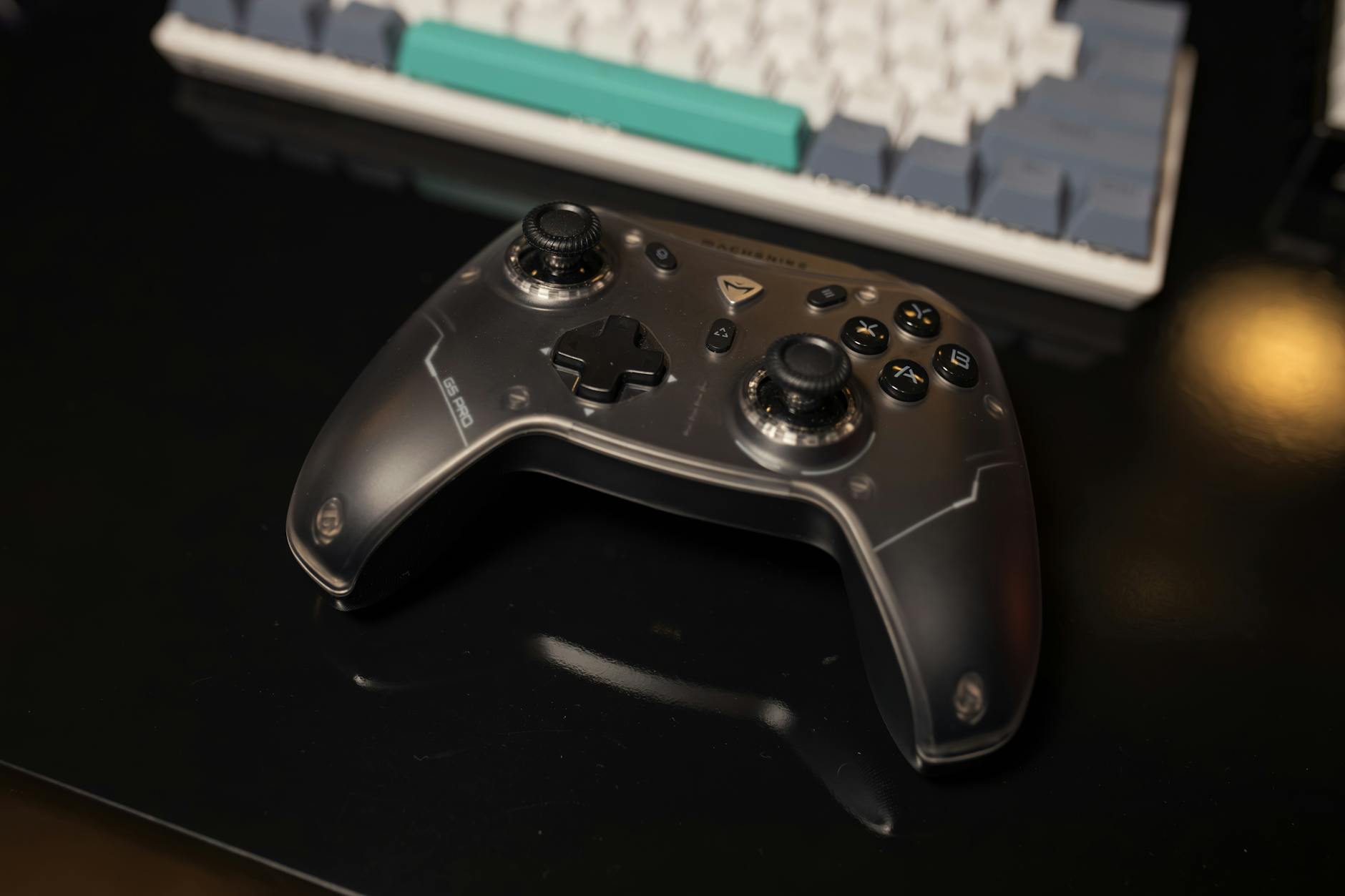 Gaming controllers and entertainment setup on modern display screen