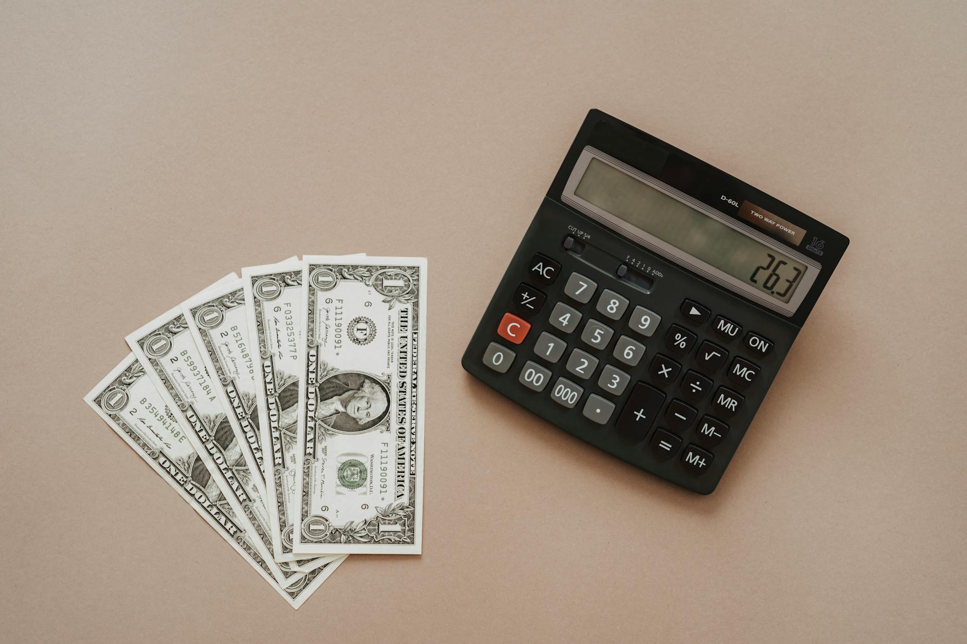 Calculator and cash representing revenue calculations and financial planning for content creators