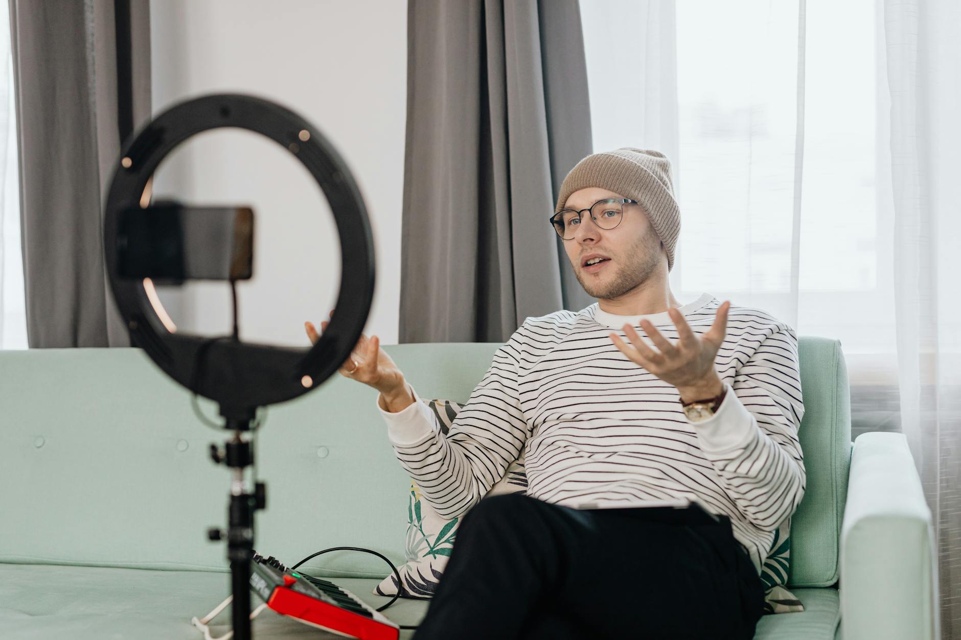 Content creator workspace with camera equipment and lighting for video production