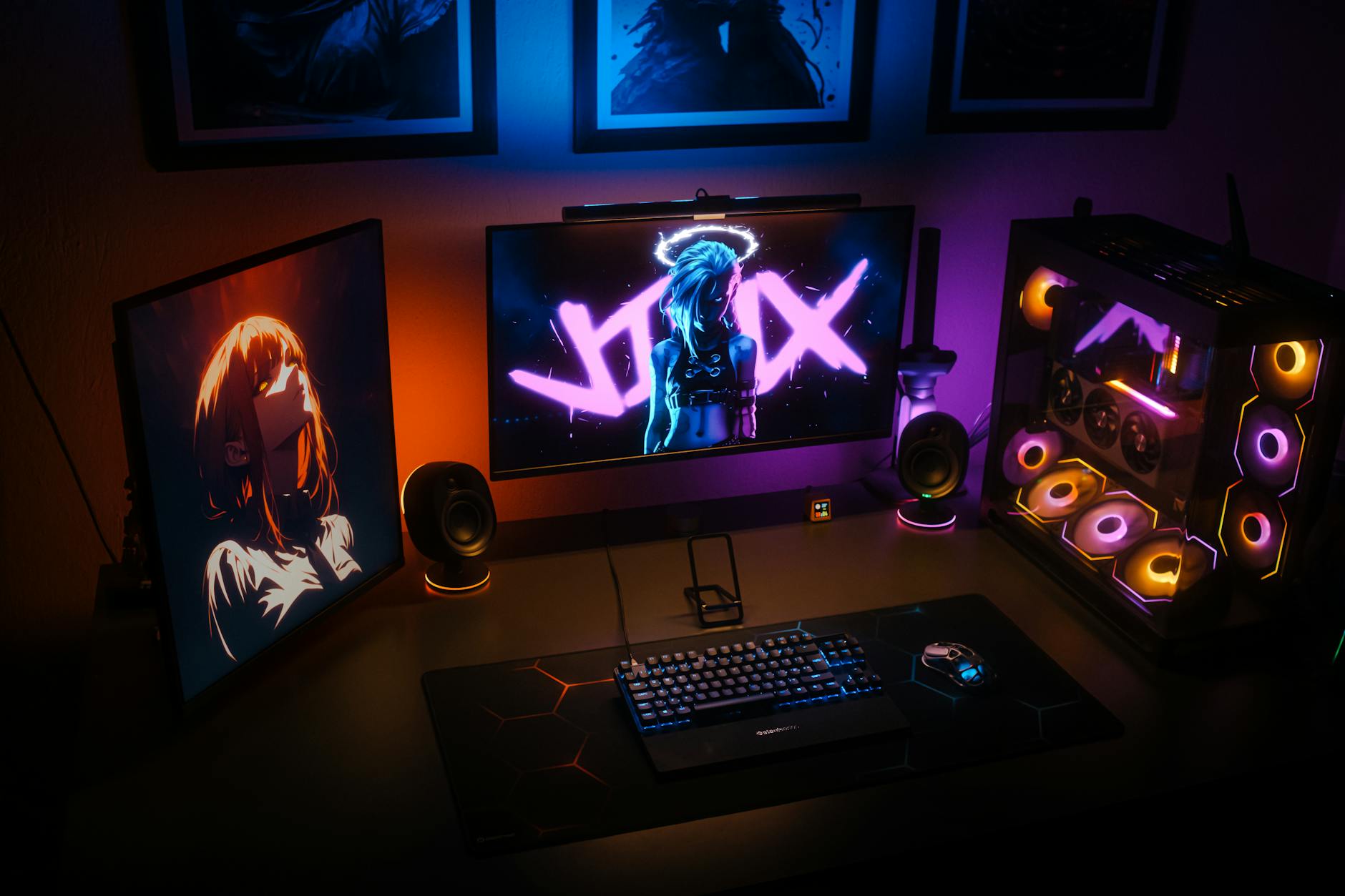 Gaming equipment and accessories arranged on desk surface