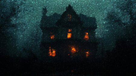 Spooky mansion exterior with dark windows and gothic architecture