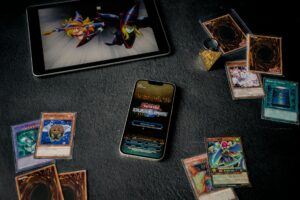 Display of trading card packs arranged on a retail store shelf