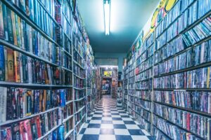 Video game retail store shelves with Nintendo Switch game cases on display