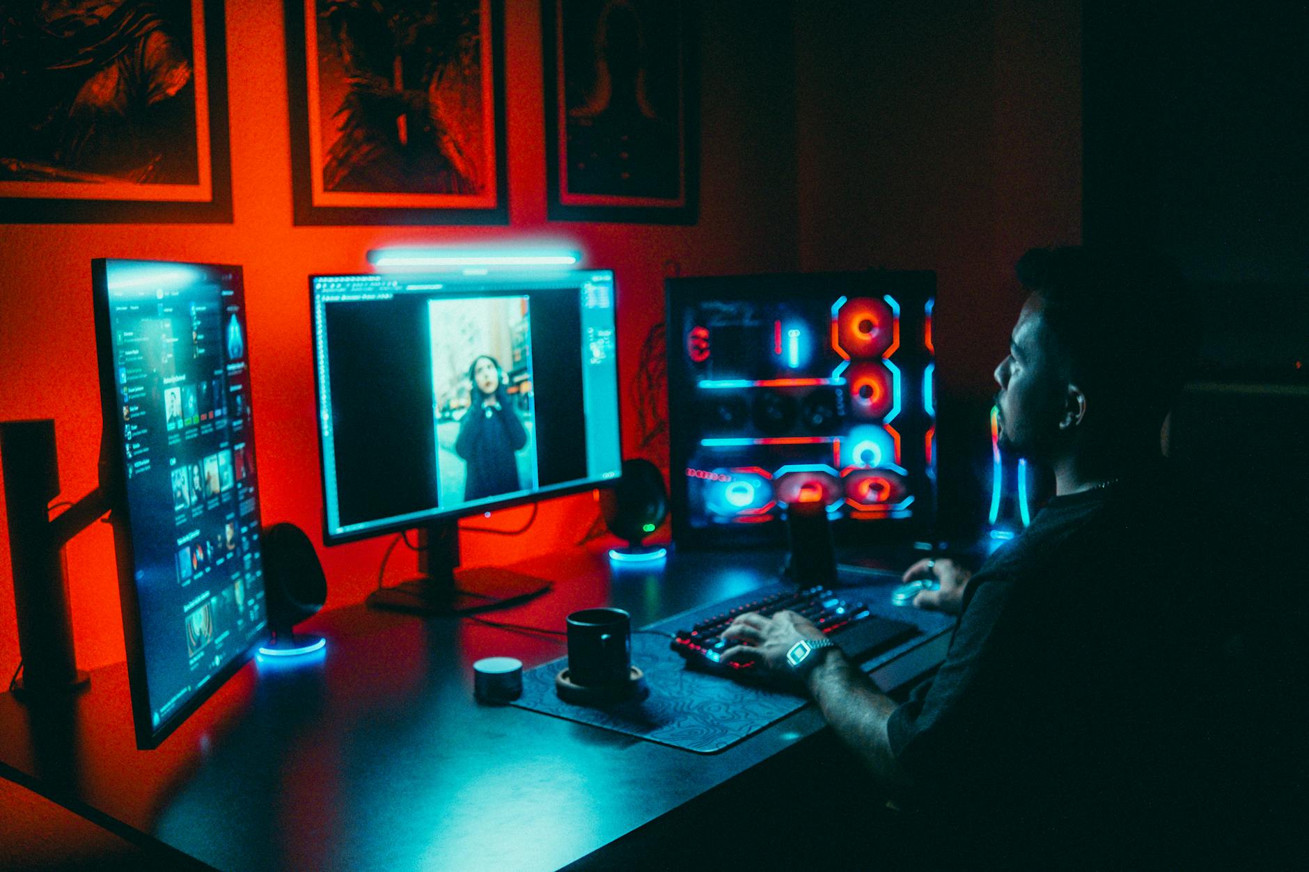 Close-up of a gaming monitor displaying colorful video game graphics