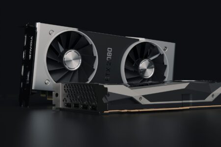 A modern graphics card displayed on a dark surface highlighting its cooling design