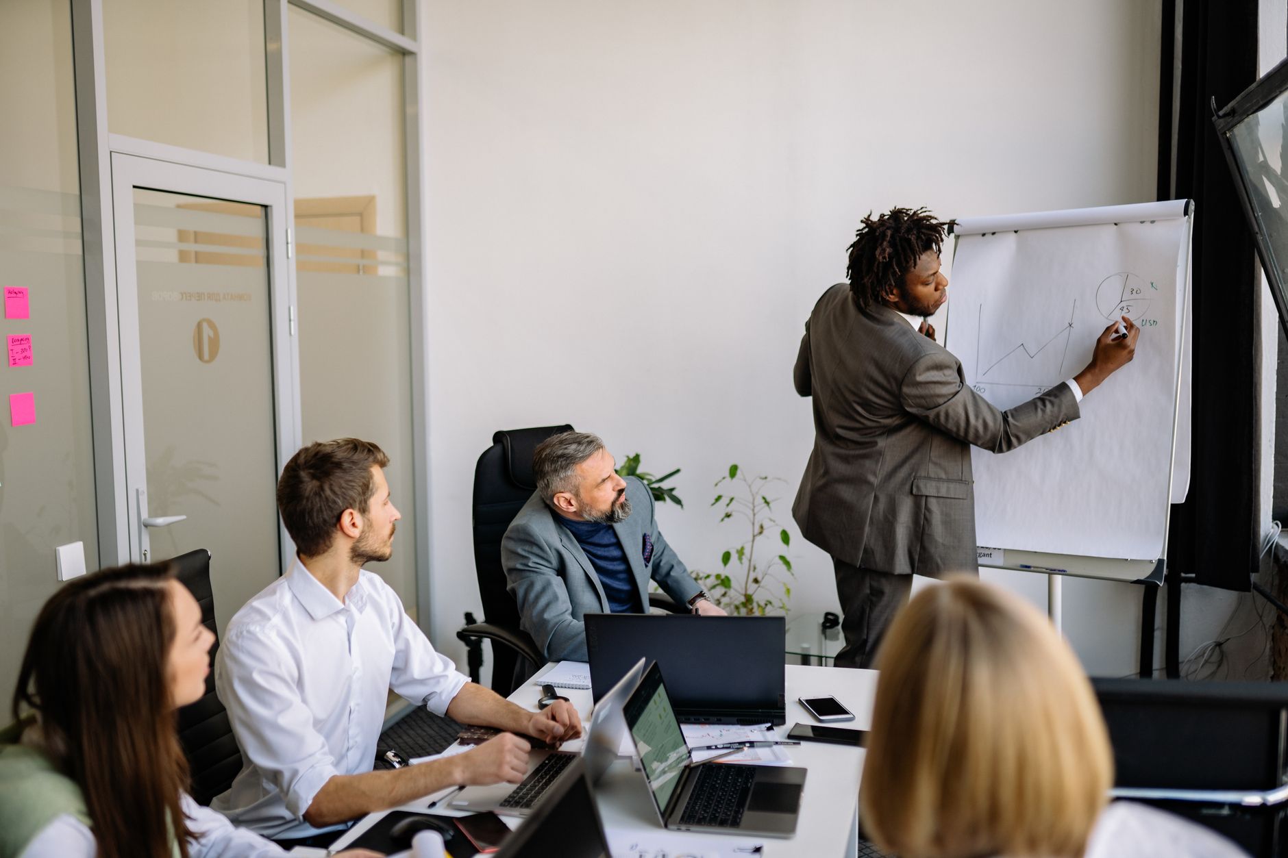 Business professionals reviewing strategy documents in a conference room