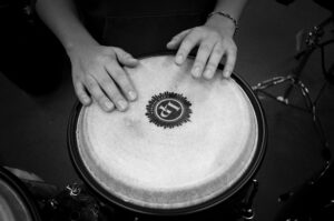 Close-up of jungle drums representing the percussive musical style of classic Donkey Kong games